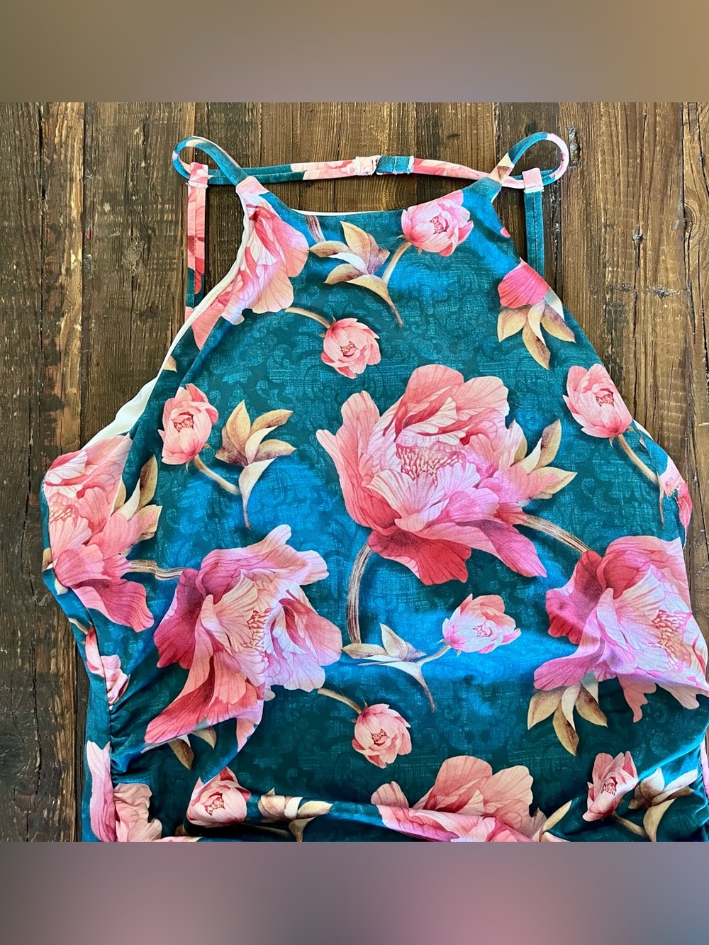 ☀️Beautiful 🌸HAPARI 🌸 Peony & Evergreen High-Neck Tankini Top Sz M Like New! - Picture 4 of 13